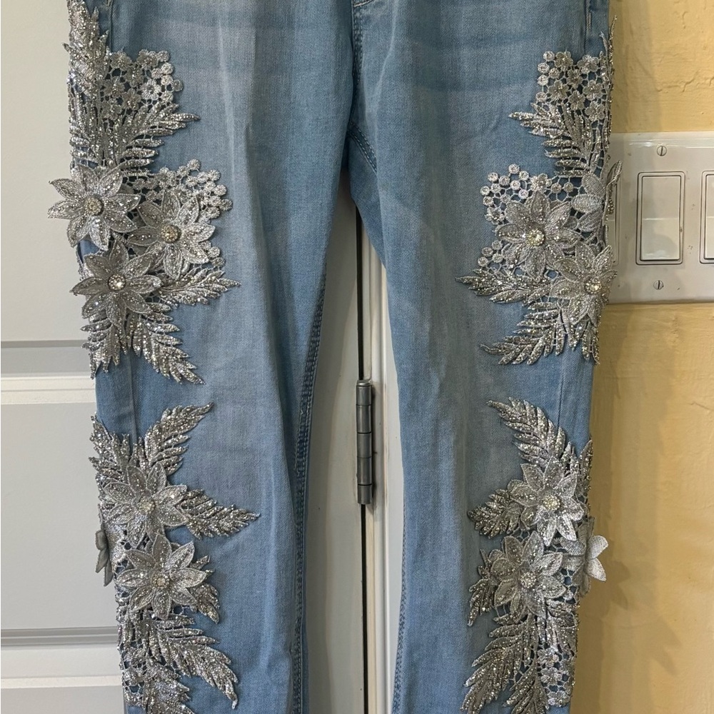 VENUS Light Blue Jeans with Silver Floral Embroidery